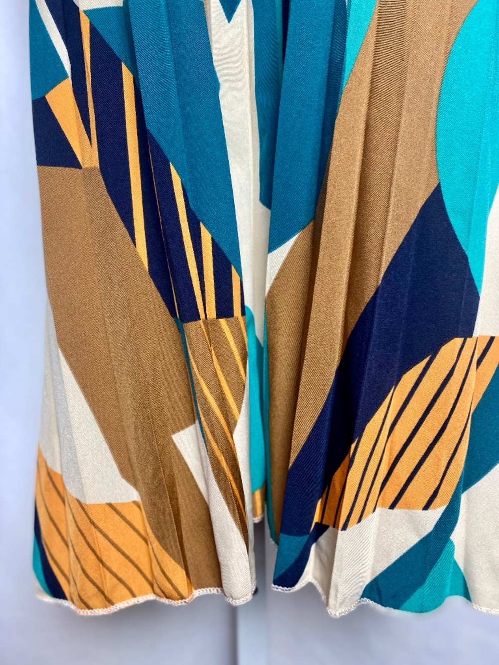 Indie Artsy Multicolor Teal Orange Geometric Pleated Flowy Halter Dress X-Large - Picture 4 of 10